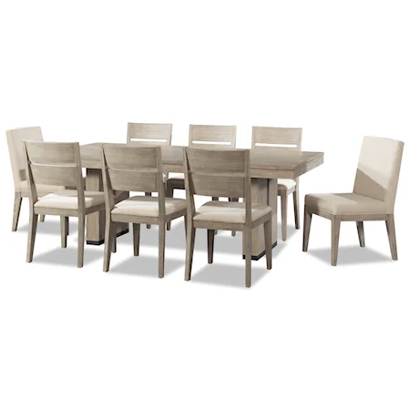 9 Piece Trestle Table and Upholstered Chair Set